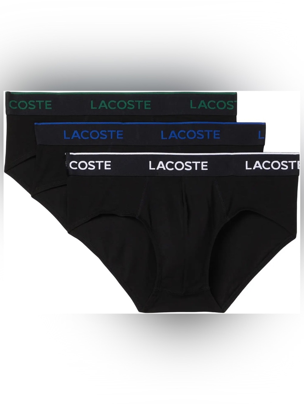 Lacoste Men’s Briefs 3-Pack - Large - in Black with White, Blue, Green Branding